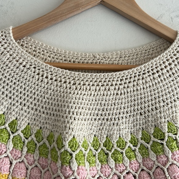 Cream Multi Color Hand Crochet Cotton Crew Neck Sweater Women's Size LG - Picture 3 of 11